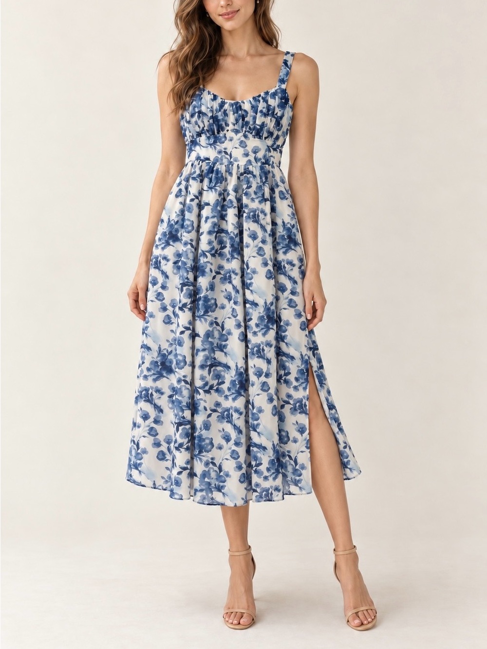 Abercrombie & Fitch Chiffon Midi Dress in White / Blue Floral — Small